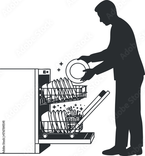 Silhouette of a person loading a dishwasher with clean dishes in a modern kitchen.
