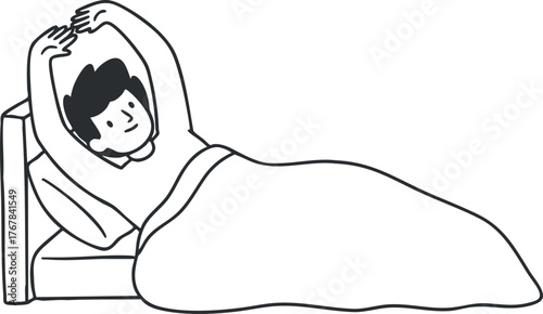 A cartoon illustration of a man stretching in bed as he wakes up in the morning.