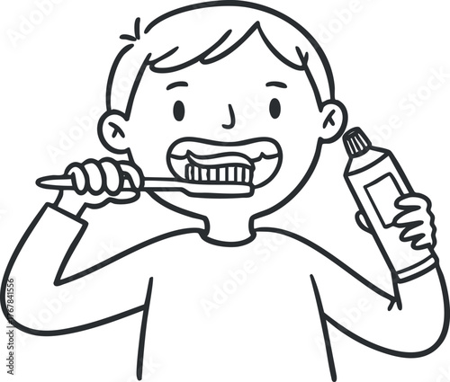 A cheerful child brushing teeth with a toothbrush and toothpaste in a fun and engaging manner.