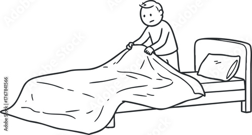 A child is playfully making a bed with a blanket in a simple and clean bedroom.