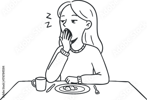A simple illustration of a woman looking tired while eating a meal at a table.
