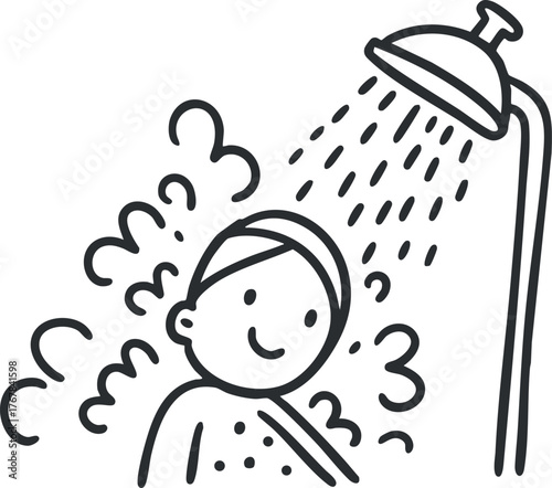A cheerful person enjoying a refreshing shower with steam and water droplets in a bathroom setting.
