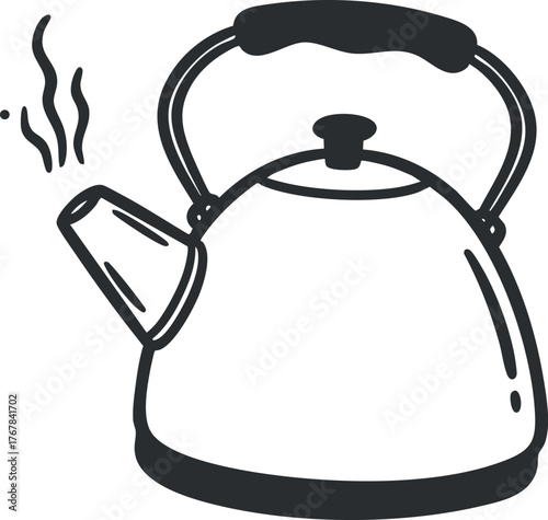 A simple black and white illustration of a kettle with steam rising from the spout.