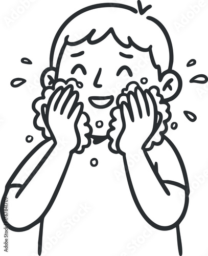 A cheerful cartoon character expressing joy with hands on cheeks and a big smile.