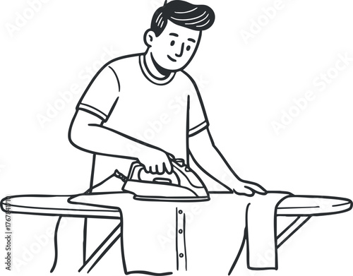 A man ironing a shirt on an ironing board in a domestic setting.