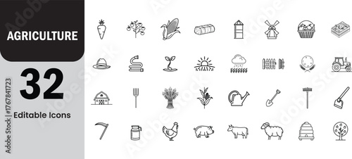 Collection of simple outline icons representing agriculture and farming concepts isolated on white background