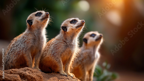 Wallpaper Mural Meerkat sentinels on a termite mound, alert poses, warm sand, Africa, meerkats, wildlife, desert, behavior, nature, animals, with copy space Torontodigital.ca