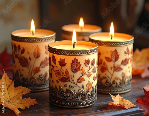 Autumnal Candles with Leaf Design in Warm Tones Creating a Cozy Ambiance