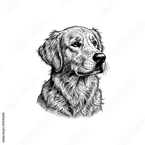 Dog Portrait Engraving, drawn in an engraved, woodcut style with fine details sketch engraving vector illustration