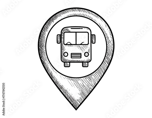 Black and white hand-drawn bus icon inside a location marker on white background