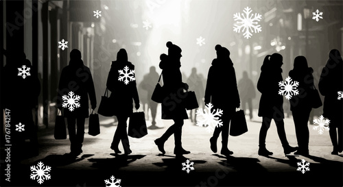 Silhouetted shoppers with bags walk through falling snow on a city street.