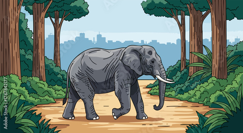 Majestic elephant strolls through a lush forest scene