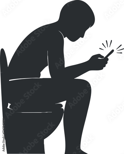 A silhouette of a man sitting on a toilet using a smartphone in a bathroom setting.