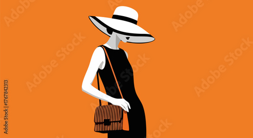 Elegant woman in black dress and white hat illustration