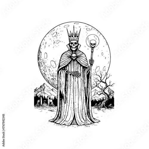Skeleton King with Crown and Cloak Under Full Moon Illustration in Vintage Engraving.