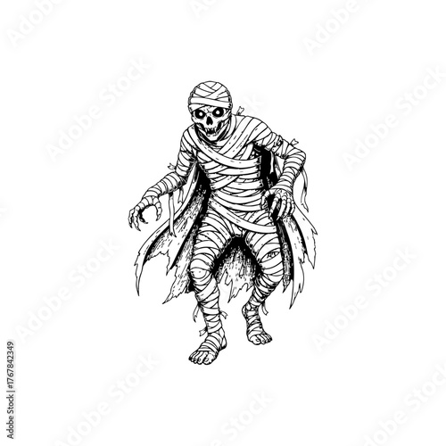 Scary Mummy Monster Illustration in Vintage Engraving.