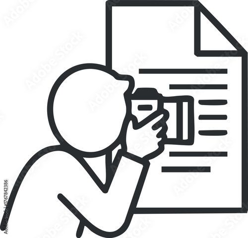 Illustration of a person using a camera to capture a document for photography or reporting.