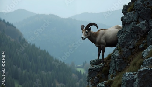 A Ram Stands On A Rock Wall Overlooking A Mountain