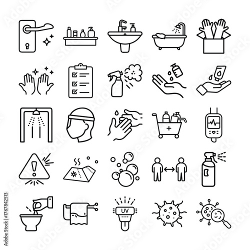 Sanitizing and Hygiene Icon Set – Vector Line Art for Cleaning and Safety