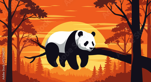 Panda rests on tree branch at sunset in forest scene