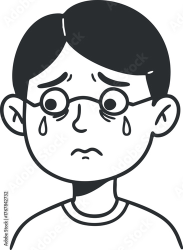 A cartoon illustration of a sad person with tears, expressing emotions of sadness and distress.