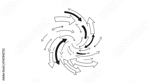 An abstract illustration of swirling arrows in a vortex pattern, suggesting movement and energy.