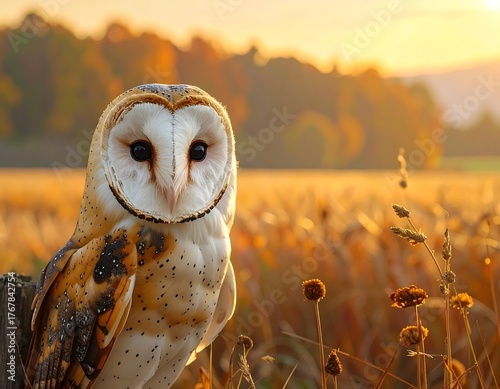 Beautiful Barn Owl Perched in a Field During Golden Hour Sunset
