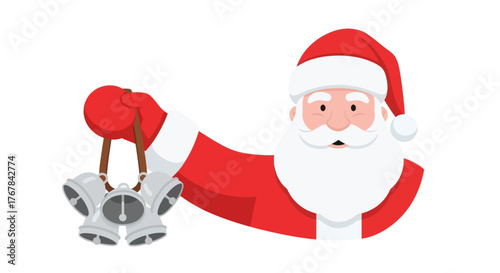 Cartoon Santa Claus Holding Silver Christmas Bells with Red Suit and Hat.