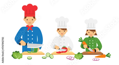 A team of three cartoon chefs in colorful uniforms chopping fresh vegetables together.