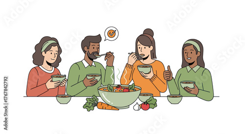 Diverse group of people enjoying a healthy salad meal together.