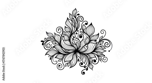 Intricate black and white ornamental lotus flower with decorative swirls and leaves.