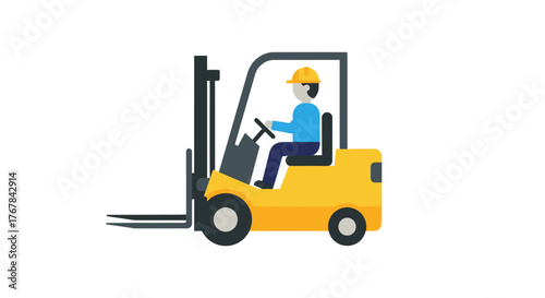 Flat vector illustration of a worker in a hard hat operating a yellow industrial forklift truck.