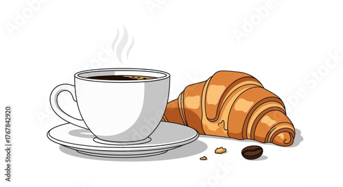 Steaming Coffee Cup with Croissant and Coffee Bean Illustration.