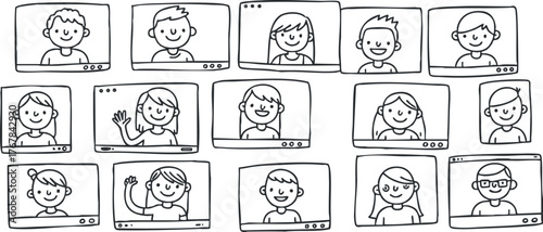 A playful illustration of diverse people engaged in a video conference on multiple screens.