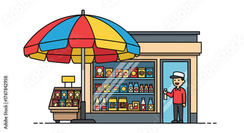 Cartoon convenience store with colorful umbrella and shopkeeper.