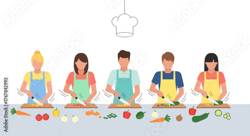 Group of People Cooking Together Preparing Fresh Vegetables on Cutting Boards.