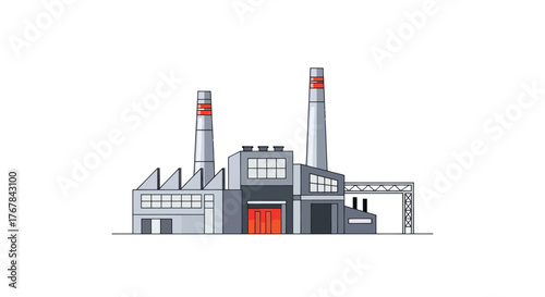 Industrial Factory Building with Chimneys and Red Door Vector Illustration.