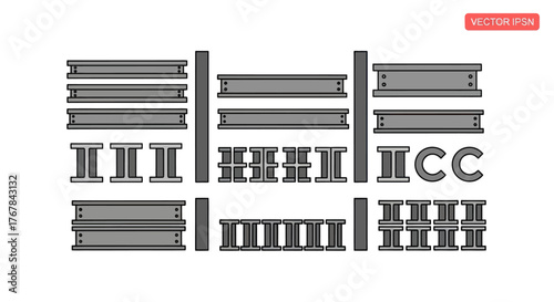 Collection of I-beam and H-beam structural steel components.