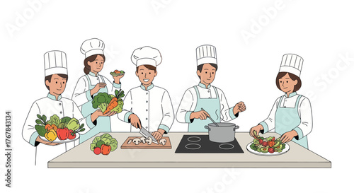 A team of five professional chefs in white uniforms and toques preparing various dishes in a kitchen.