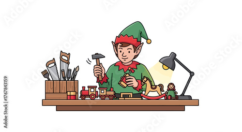 Festive Christmas Elf Crafting Toys with Hammer at Workshop Workbench.