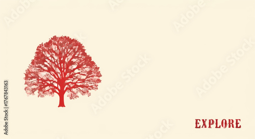 Stylized red tree illustration on cream background with the word EXPLORE