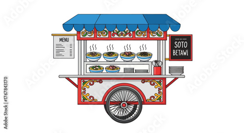 Illustrated traditional Indonesian Soto Betawi street food cart with a blue awning and ornate details.