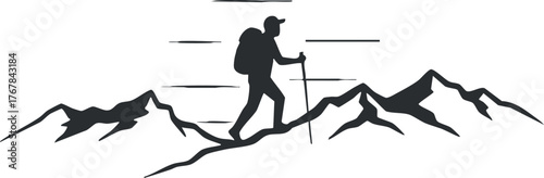 Silhouette of a hiker climbing a mountain, representing adventure and outdoor exploration.
