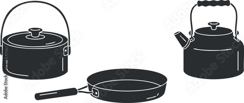 Illustration of kitchen cookware including a pot, frying pan, and kettle in black silhouette.