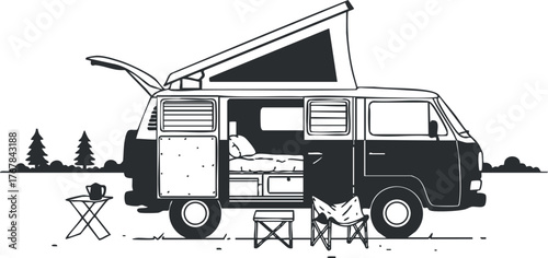 Illustration of a camper van with an open roof and outdoor seating in a scenic landscape.