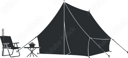 A silhouette of a camping tent with a chair and fire pit for outdoor adventure.