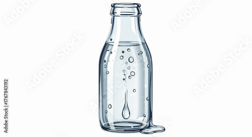 Clear glass bottle filled with refreshing sparkling water and ice.