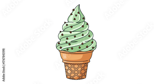 A hand-drawn illustration of a mint chocolate chip soft serve ice cream in a waffle cone.