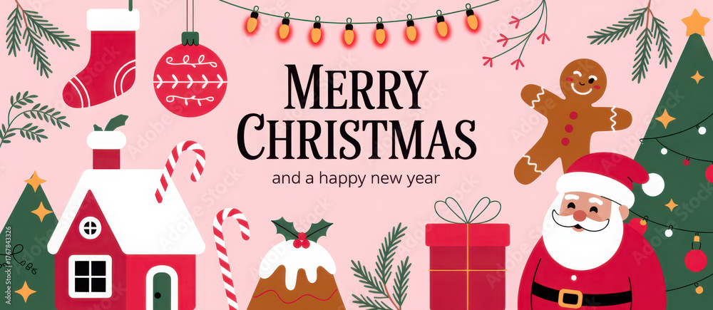 Fototapeta premium Horizontal Christmas banner with Traditional Christmas elements. 