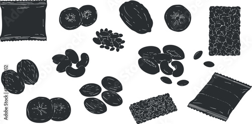 A collection of various snacks including dried fruits, granola bars, and seeds suitable for healthy diets.